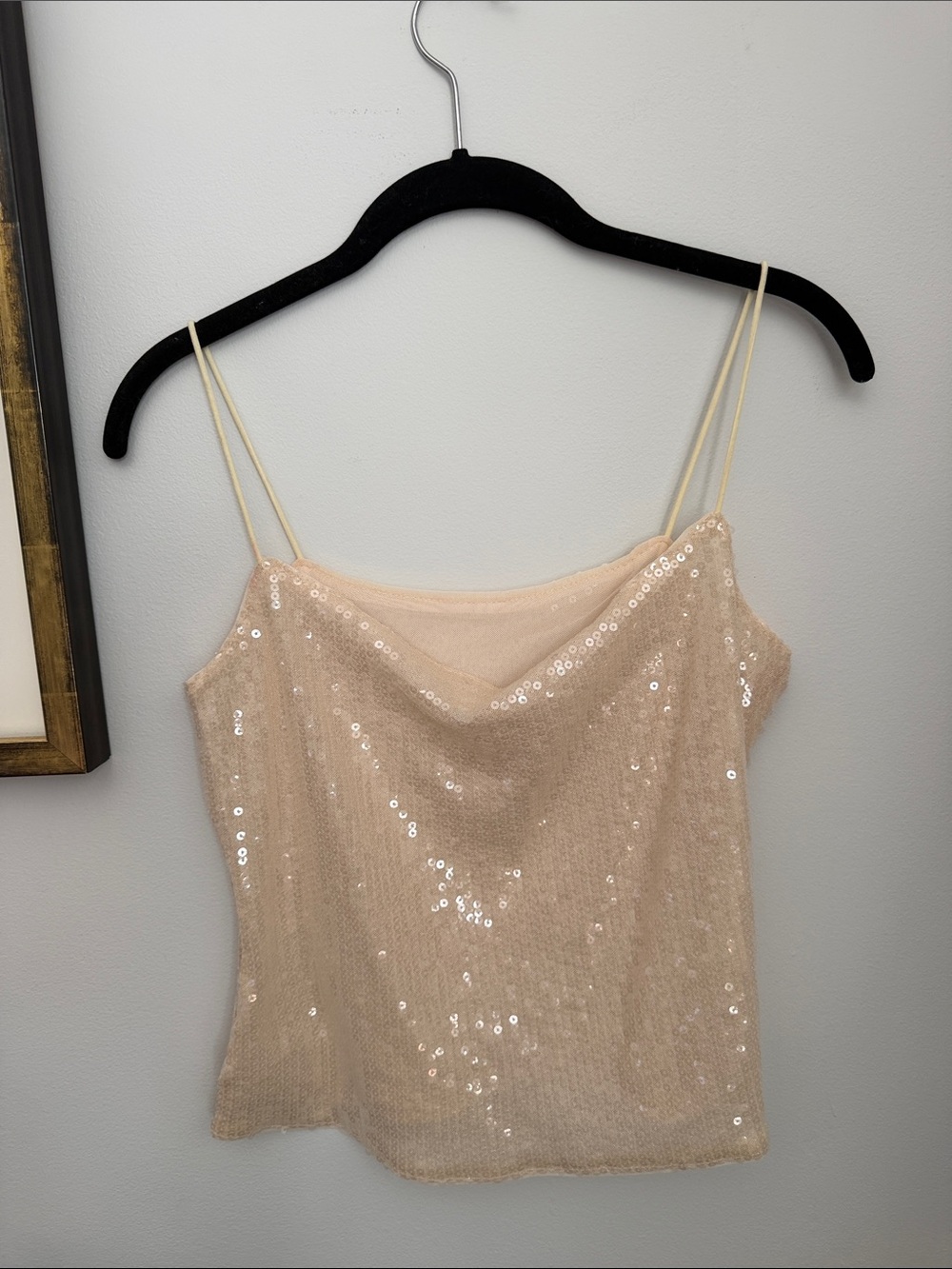 Sleeveless Sequin Cowl Neck Tank Top - Nude